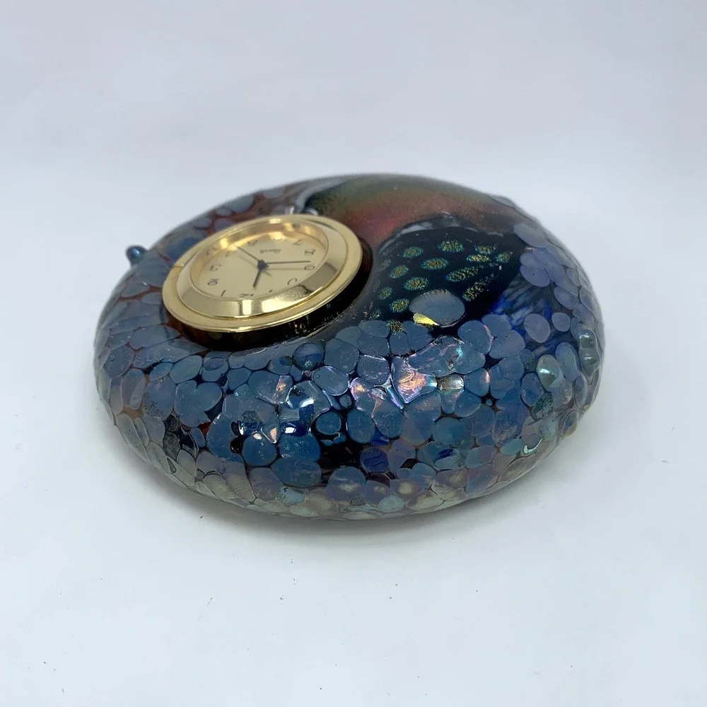 Vtg Art Glass Paperweight Clock Hal Wahlborg Studio Abstract Blue 4.5